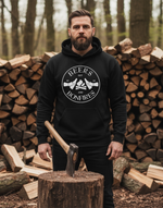 Load image into Gallery viewer, Man wearing a black hoodie with &#39;Beers and Bonfires&#39; logo, holding an axe in front of stacked logs.
