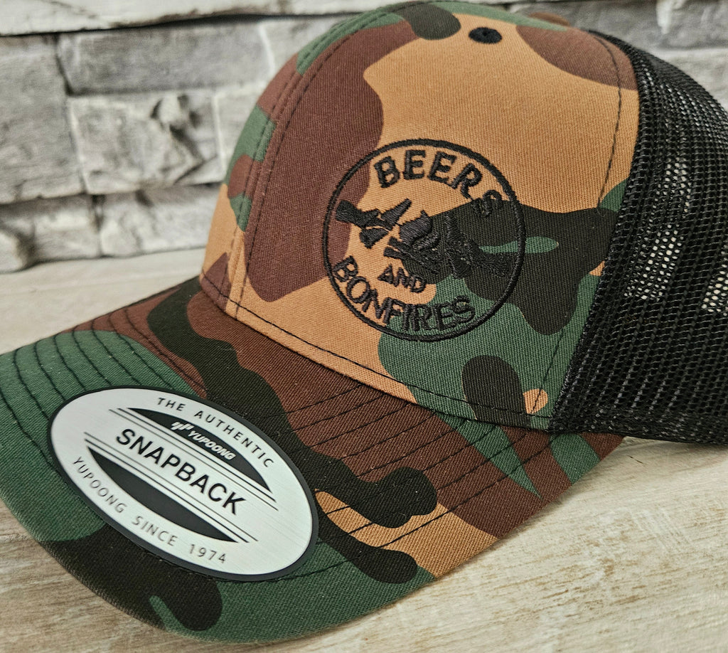 Camo "Classic" Beers and Bonfires Mesh Snapback Hat