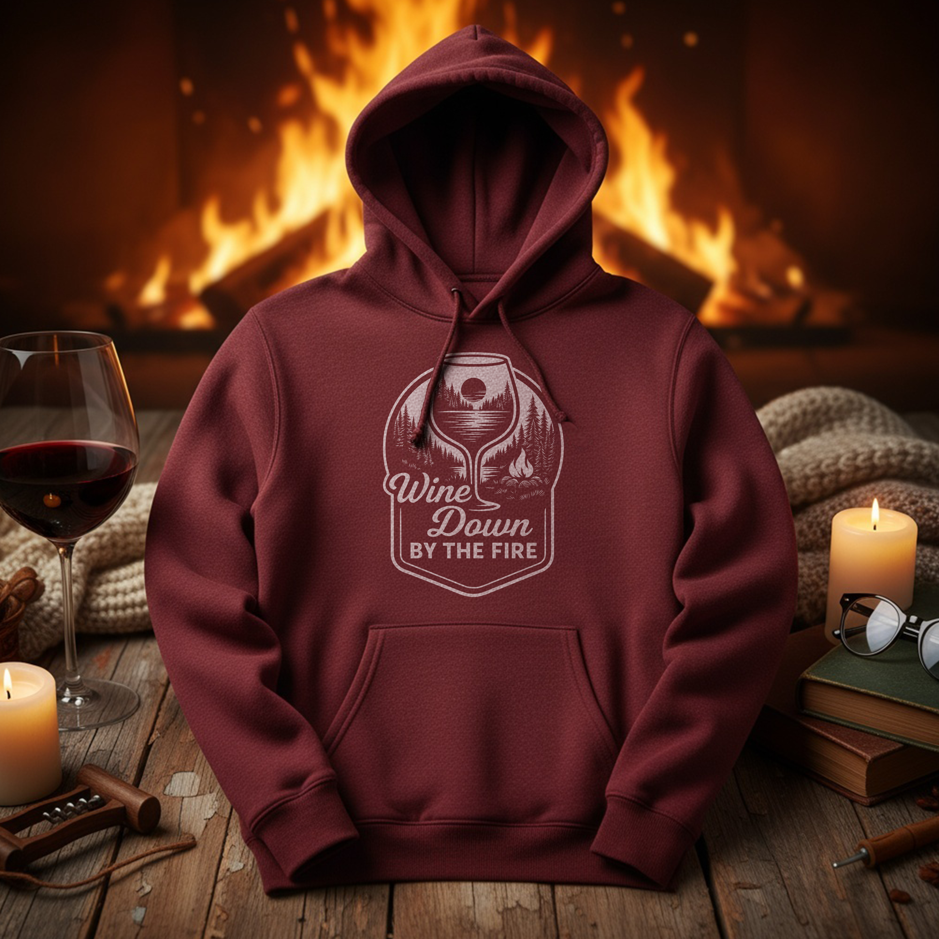 Maroon hoodie with 'Wine Down by the Fire' design in front of a fireplace.