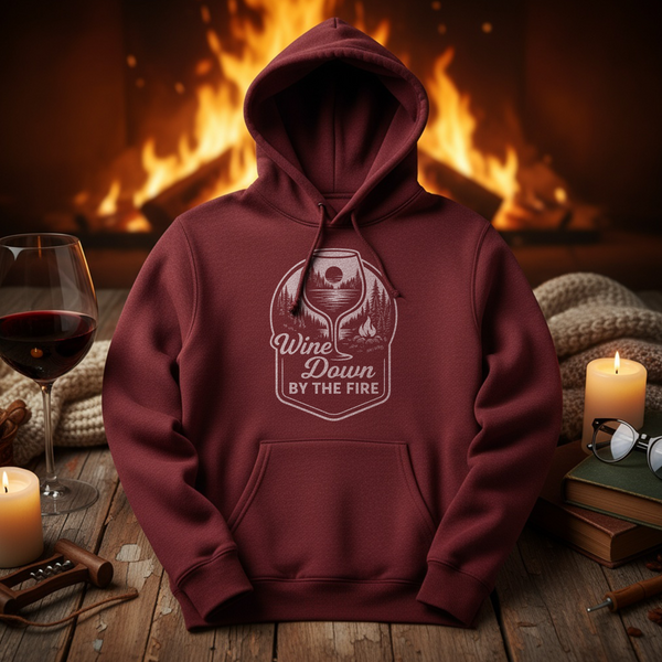 Maroon hoodie with 'Wine Down by the Fire' design in front of a fireplace.